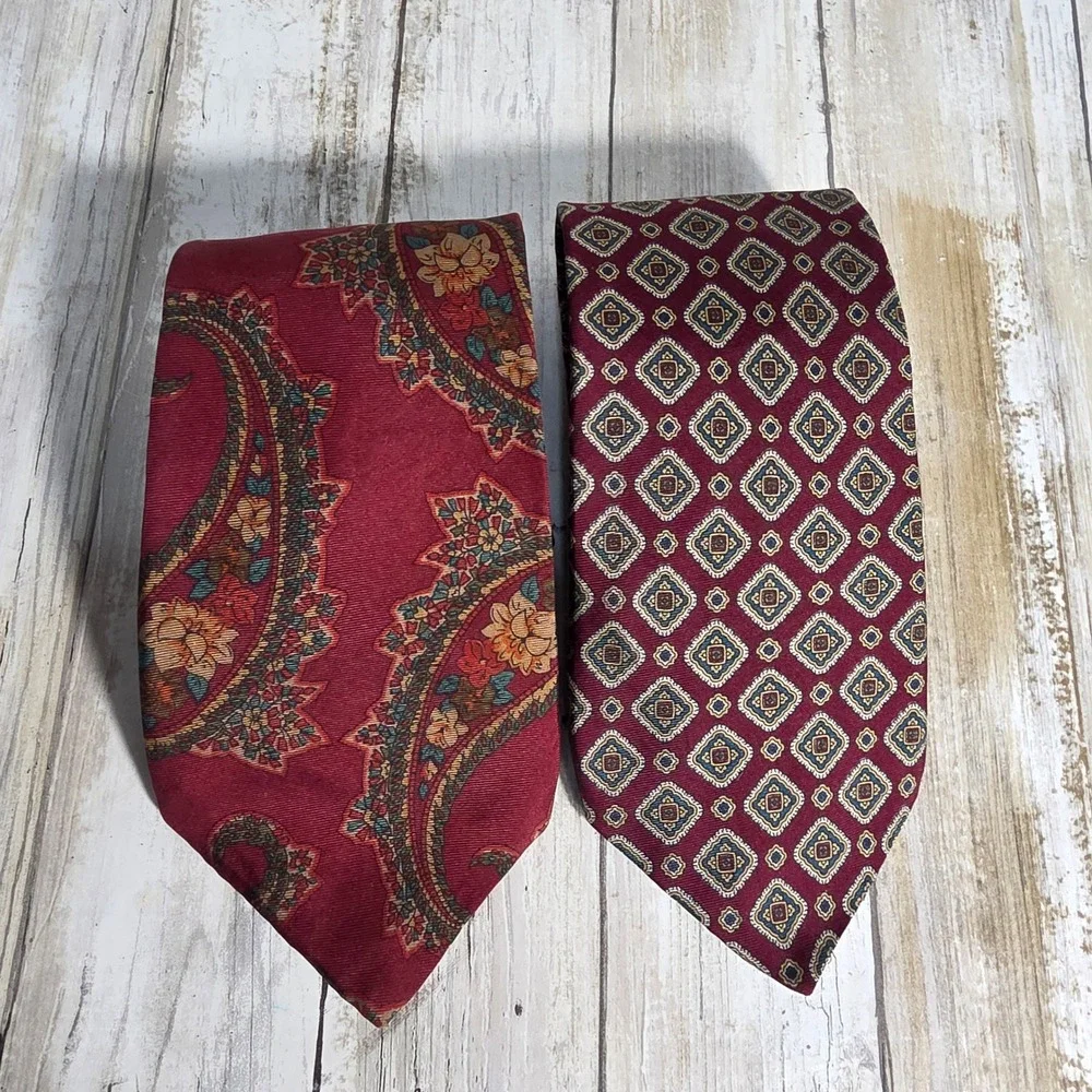 Harve Benard Pure Silk Necktie Lot 2 Burgundy Red Paisley Geometric Medallion